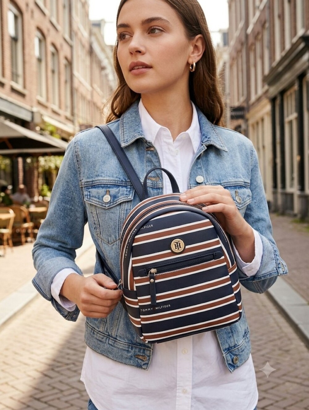 Tommy Hilfiger Navy, Brown and White Striped Backpack Purse